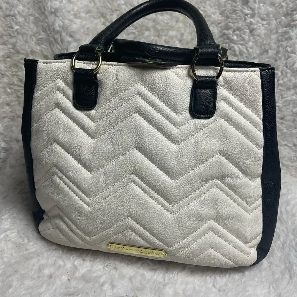 Betsey Johnson off white & Black quilted faux leather satchel with bow accent
